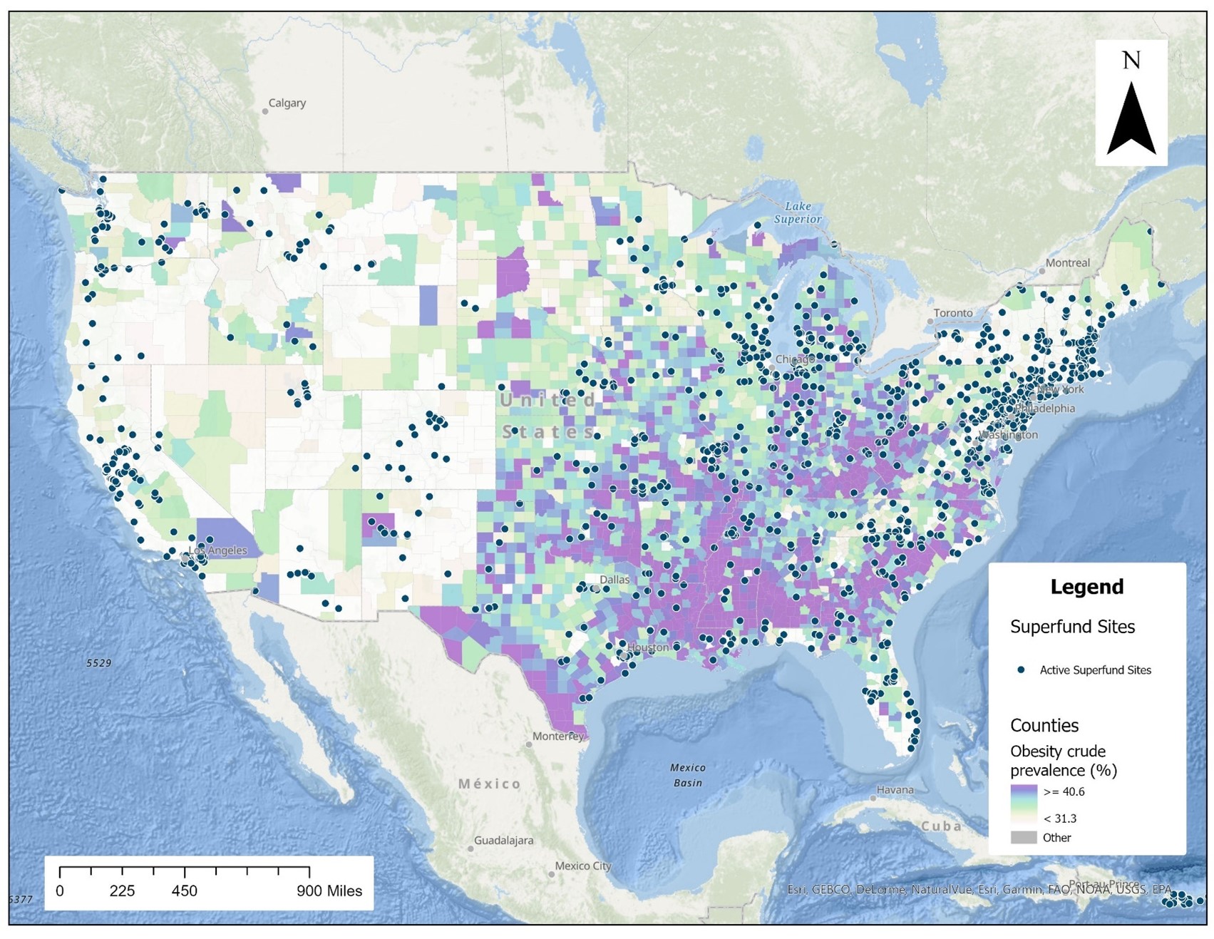 Maps Comparing CDC Data on Obesity Prevalence with Superfund Sites