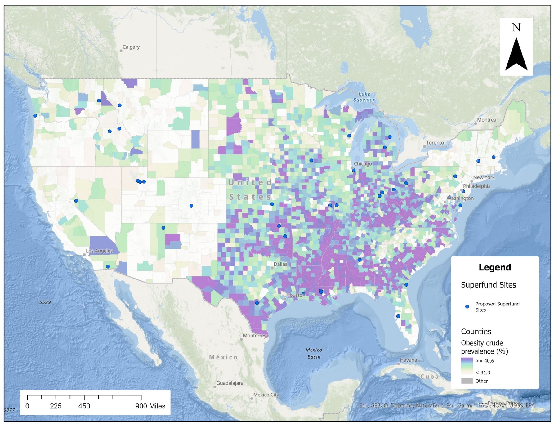 Maps Comparing CDC Data on Obesity Prevalence with Superfund Sites